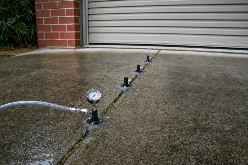 A row of injection ports along a joint in a concrete slab, with a hose and pressure gauge attached to one — resin injection, Melbourne. Illustrative example.